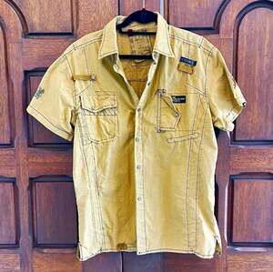 F.U.S.A.I. Y2K Cotton Beige Short Sleeve Snaps Shirt L Pockets Embroidered